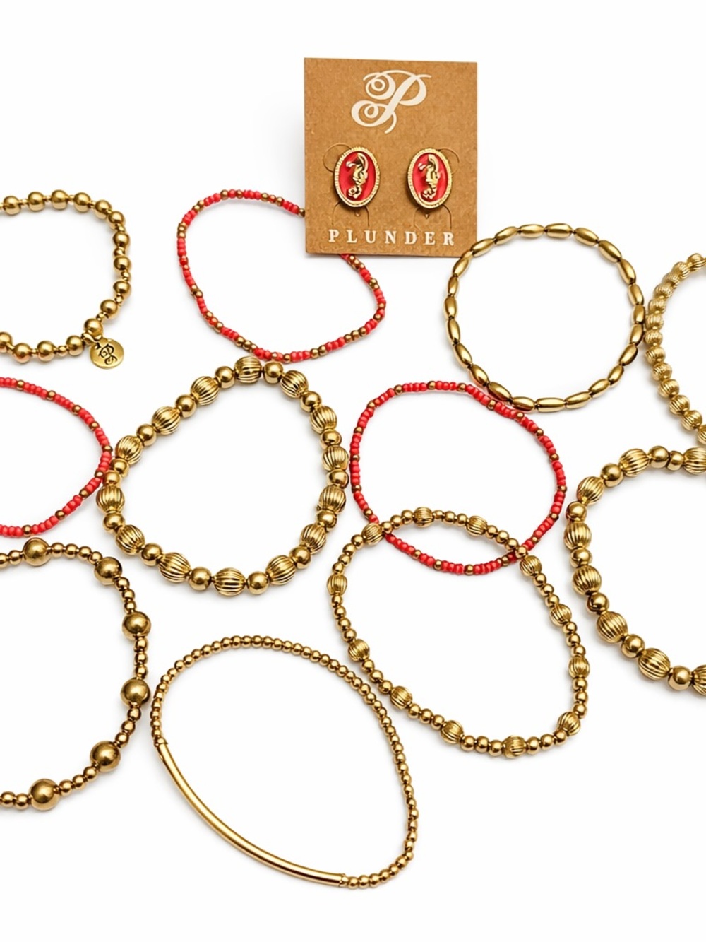 Plunder Gold Bracelet Stack Bundle Coral Beaded + Seahorse Earrings NWOT